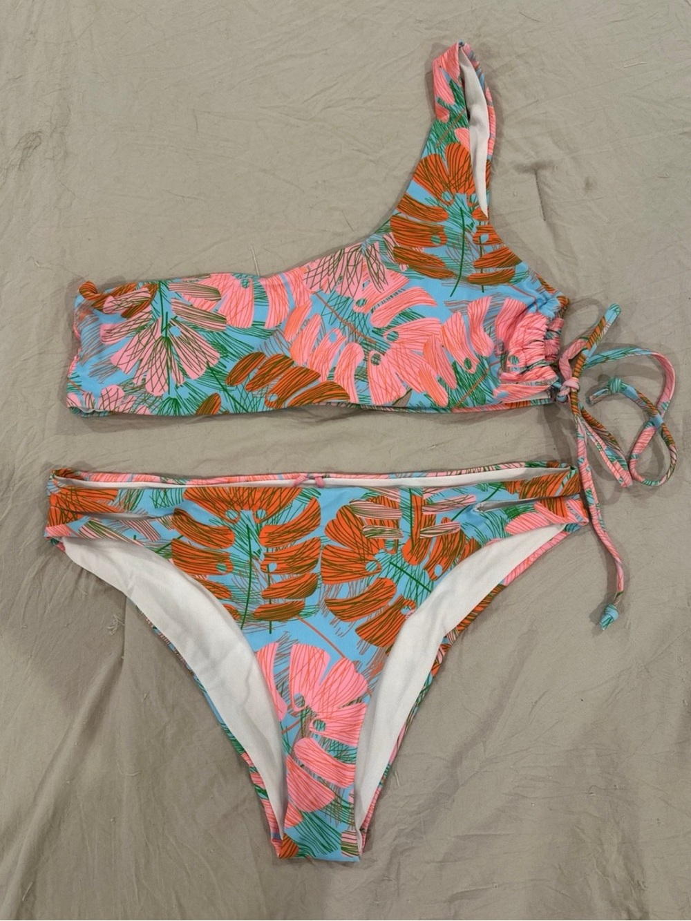 SHEIN Blue Pink Orange Tropical Leaf One-Shoulder Bikini